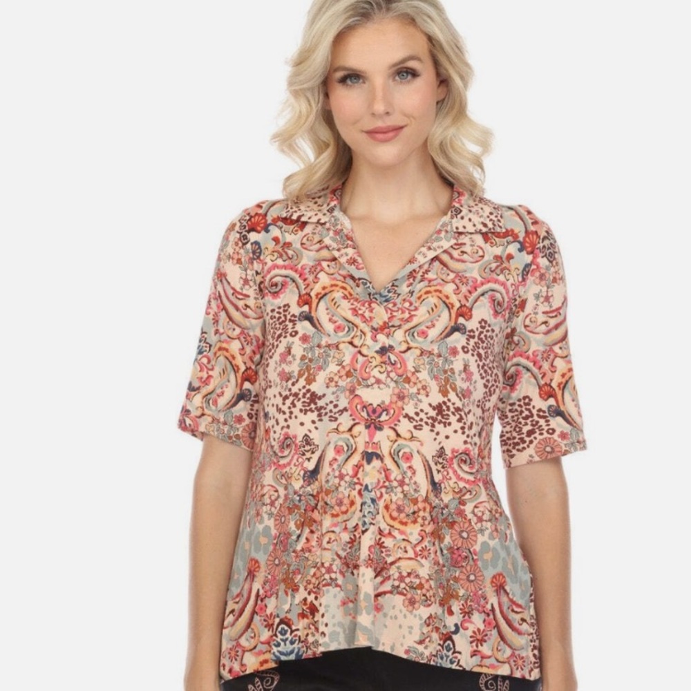 Johnny Was Jungle Paisley Polo Swing Tee Breathable Bamboo Sz M w MEASUREMENTS!